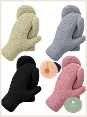 Kids Knit Mittens Double Layer Fleece Lined Winter Gloves 4 Pairs